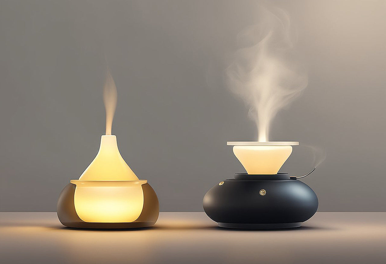 Two 500ml ultrasonic aroma diffusers. The diffusers are sleek, with a cylindrical shape and a rounded top. It uses ultrasonic technology to release soothing scents into the air. Perfect for creating a peaceful atmosphere at home or in the office.